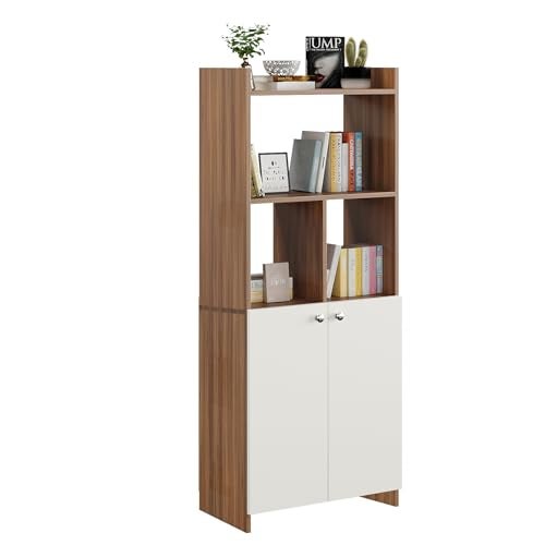 FURNEASER Prizm Modern Wooden Bookshelf with 2-Door Cabinet & Open Storage | Multipurpose Bookcase for Living Room, Bedroom & Office | Engineered Wood (161 x 50 x 30) (Exotic Teak & White) - Image 5