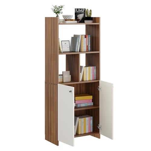 FURNEASER Prizm Modern Wooden Bookshelf with 2-Door Cabinet & Open Storage | Multipurpose Bookcase for Living Room, Bedroom & Office | Engineered Wood (161 x 50 x 30) (Exotic Teak & White) - Image 2