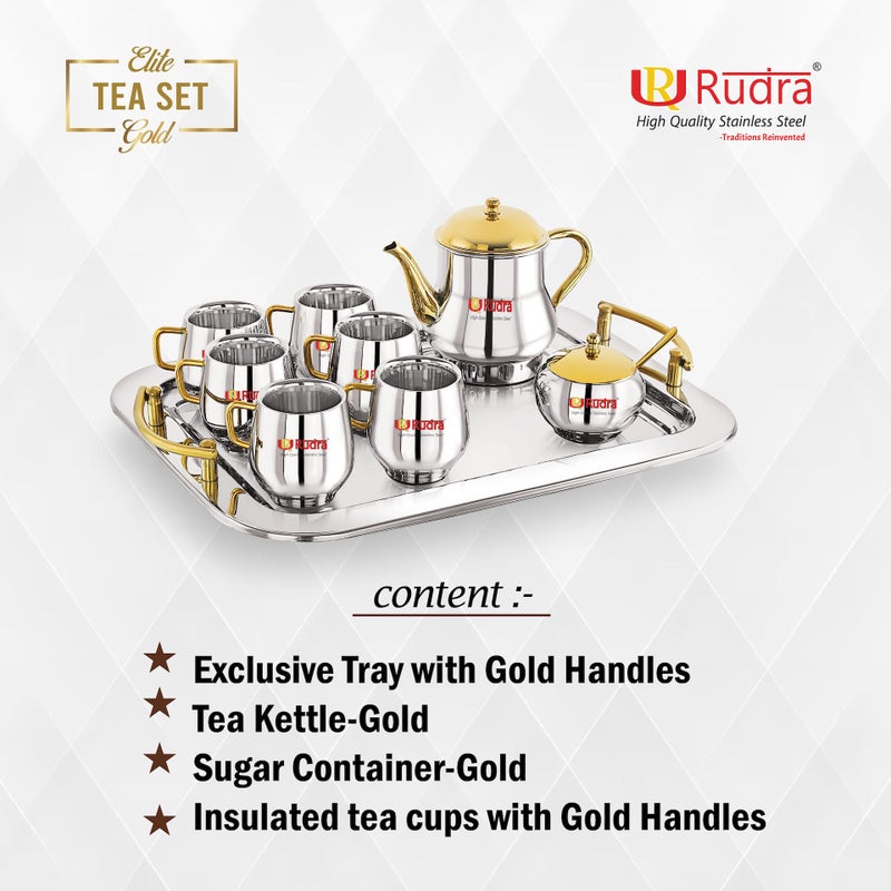 Rudra Stainless Steel Tea Set Gold with Kettle | Microwave Safe Coffee Mugs for Hot & Cold Drinks |Gift for Diwali, Birthday, Anniversary, Family & Friends | Stylish & Durable - Image 3