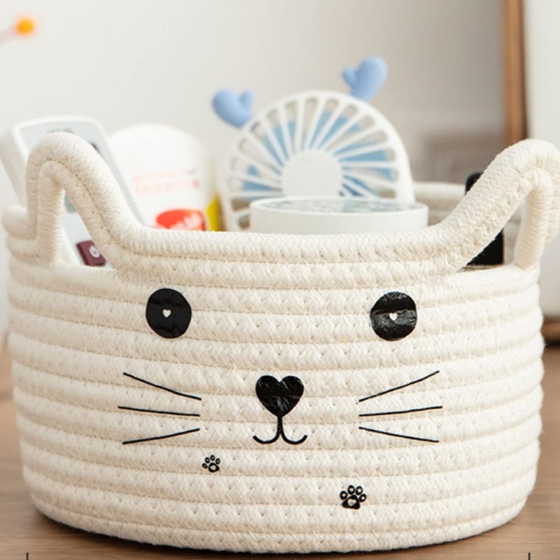 Zopeal Cat Basket Storage Woven Organizer with Ears Easter Decorative Gift Pet Toy Cute Cotton Rope Basket for Gift Cat Dog Toy Bin Nursery Room(8.3 x 4.7 Inch,White) - Image 1