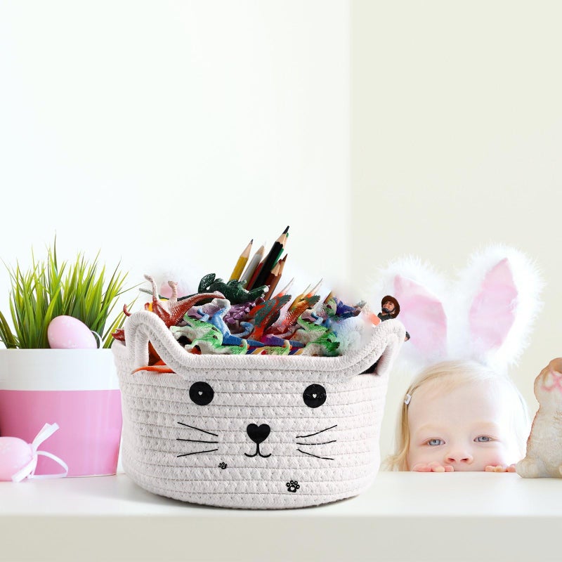 Zopeal Cat Basket Storage Woven Organizer with Ears Easter Decorative Gift Pet Toy Cute Cotton Rope Basket for Gift Cat Dog Toy Bin Nursery Room(8.3 x 4.7 Inch,White) - Image 5