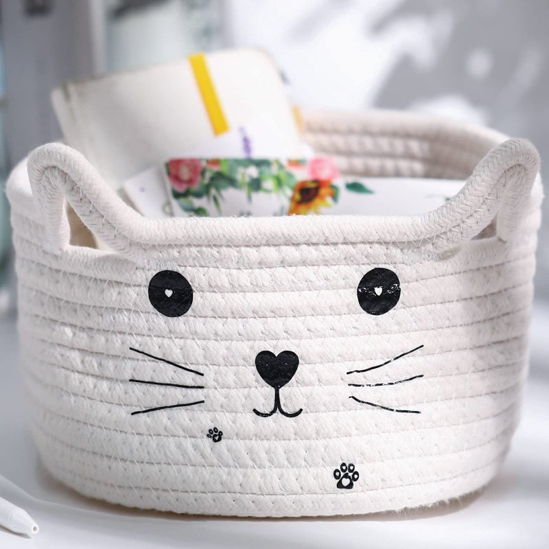 Zopeal Cat Basket Storage Woven Organizer with Ears Easter Decorative Gift Pet Toy Cute Cotton Rope Basket for Gift Cat Dog Toy Bin Nursery Room(8.3 x 4.7 Inch,White) - Image 4