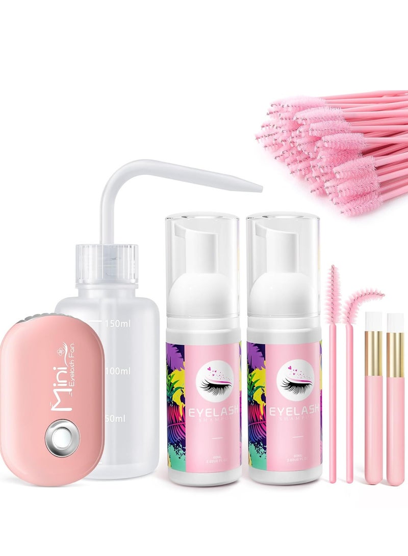 Buqikma Buqikma Lash Shampoo Kit - 2PCS 60ML Eyelash Shampoo Lash Cleaning Kit for Eyelash Extensions Foam Lash Cleanser with Type C Mini Lash Fan Rinse Bottle Mascara Brushes for Lash Wash Salon Home(Pink) 
