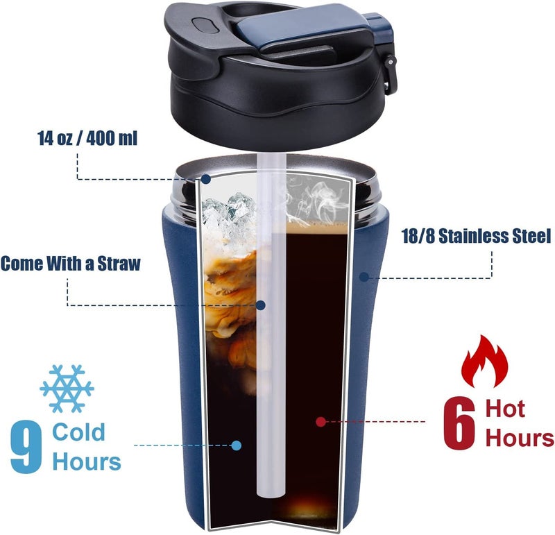 Wosta Travel Coffee Mug 2 Pack Vacuum Insulated Coffee Mug with Leakproof Lids and Straws 14 oz400 ml Double Wall Travel Tumbler Cups for Hot Cold Car Thermos Gift for Men and Women - Image 4