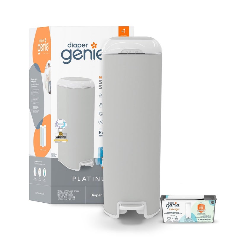 Diaper Genie Diaper Genie Platinum Pail Stone Grey is Made in Durable Stainless Steel and Includes 1 Easy Roll Refill with 18 Bags That can Last up to 5 Months 