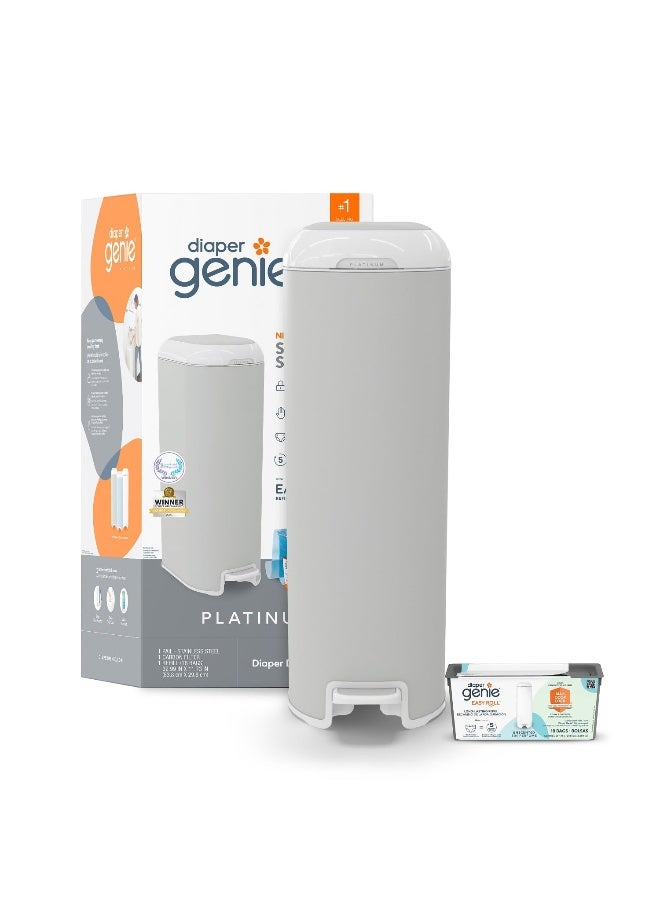 Diaper Genie Platinum Pail (Stone Grey) is Made in Durable Stainless Steel and Includes 1 Easy Roll Refill with 18 Bags That can Last up to 5 Months. - Image 1