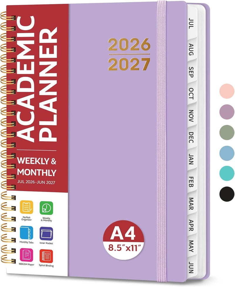 Taja Planner 2026-2027 for Women & Men, Academic Monthly and Weekly Calendar Planner, Jul 2026 - Jun 2027, A4 (8.5" x 11"), Teacher Student Planning Book with Tabs, Ideal for Office School Supplies - Lilac - Image 1