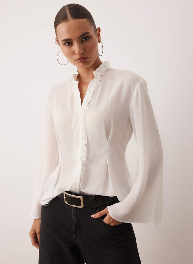 trendyol White Judge Collar Ruffle Detail Boho Shirt - Image 2