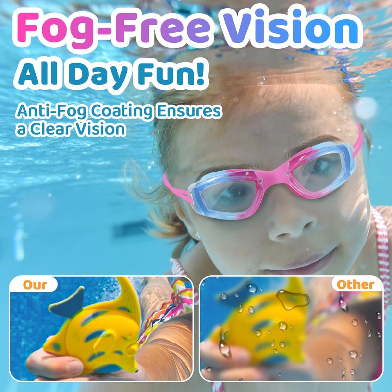 Vvinca Goggles for Kids 6-14 with Bungee Strap 2pc, Toddler Goggles Kids Swim Goggles Kids Goggles for Swimming 8-12 Anti-Fog& Anti-UV, No-Leak No Hair Pulling for Girls Boy Pool Pink - Image 4