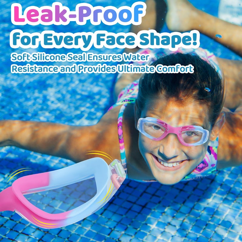 Vvinca Goggles for Kids 6-14 with Bungee Strap 2pc, Toddler Goggles Kids Swim Goggles Kids Goggles for Swimming 8-12 Anti-Fog& Anti-UV, No-Leak No Hair Pulling for Girls Boy Pool Pink - Image 3