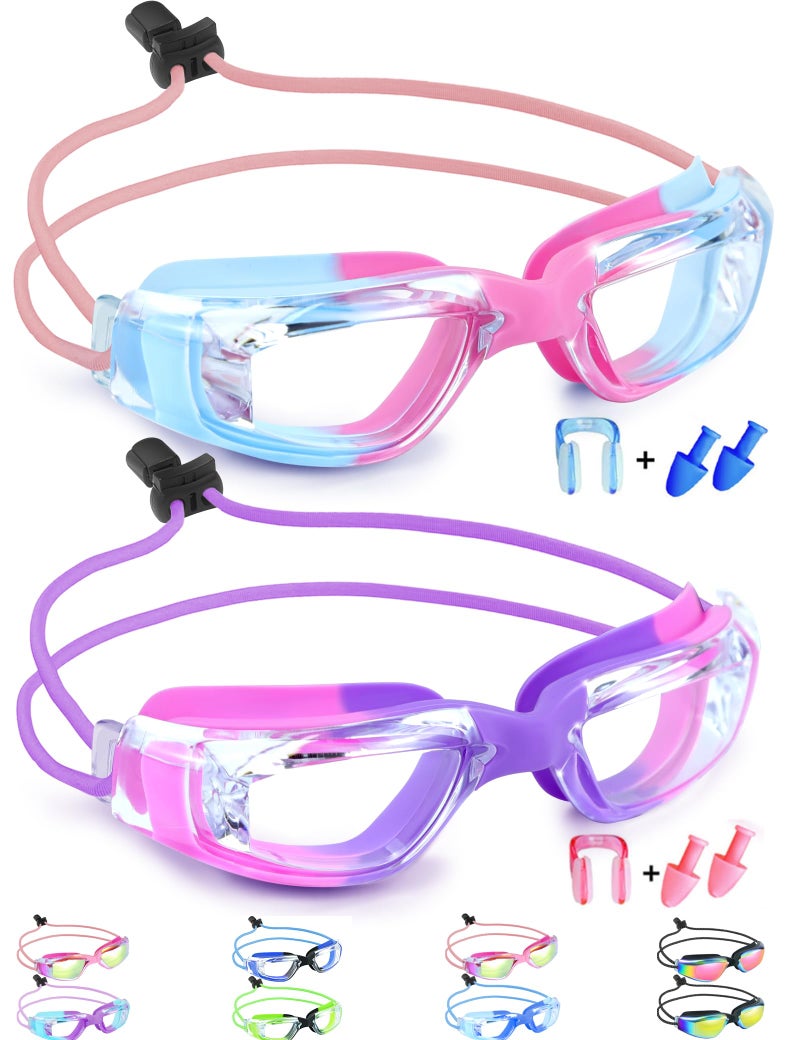 Vvinca Goggles for Kids 6-14 with Bungee Strap 2pc, Toddler Goggles Kids Swim Goggles Kids Goggles for Swimming 8-12 Anti-Fog& Anti-UV, No-Leak No Hair Pulling for Girls Boy Pool Pink - Image 1