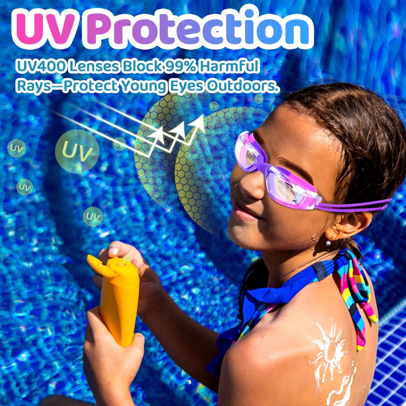 Vvinca Goggles for Kids 6-14 with Bungee Strap 2pc, Toddler Goggles Kids Swim Goggles Kids Goggles for Swimming 8-12 Anti-Fog& Anti-UV, No-Leak No Hair Pulling for Girls Boy Pool Pink - Image 5