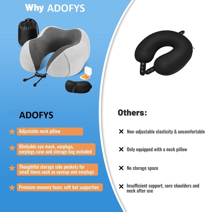 ADOFYS Neck Pillow for Travelling Memory Foam,Comfortable & Supportive Pain Relief Sleeping Travel Neck Pillow,Airplane Pillow for Sleeping in Car,Office and Home (Grey) - Image 5