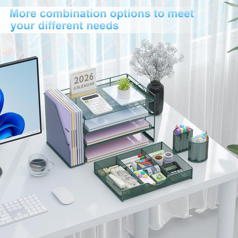 gianotter 4-Tier Desk Organizer with Drawers, File Holders, Letter Trays and Pen Holders - Workspace Accessories for Office Supplies (Green) - Image 3