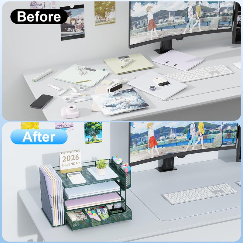 gianotter 4-Tier Desk Organizer with Drawers, File Holders, Letter Trays and Pen Holders - Workspace Accessories for Office Supplies (Green) - Image 2