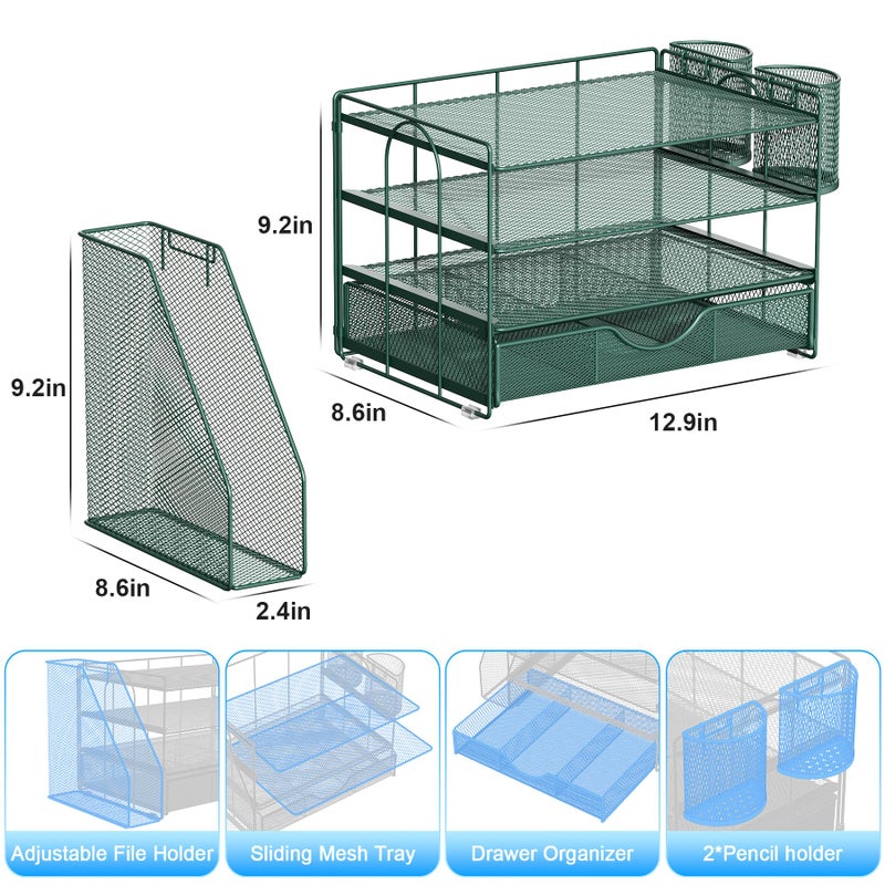 gianotter 4-Tier Desk Organizer with Drawers, File Holders, Letter Trays and Pen Holders - Workspace Accessories for Office Supplies (Green) - Image 5