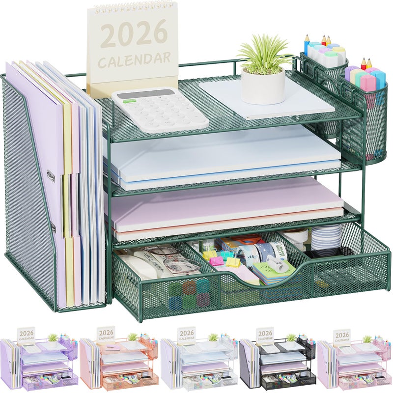 gianotter 4-Tier Desk Organizer with Drawers, File Holders, Letter Trays and Pen Holders - Workspace Accessories for Office Supplies (Green) - Image 1