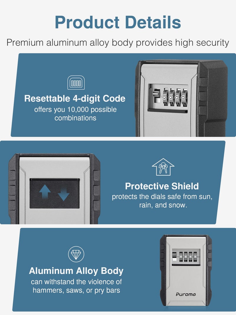 Puroma صندوق قفل المفاتيح من بوروما مع خطاف للمفاتيح، صندوق قفل قابل لإعادة الضبط برمز مكون من 4 أرقام، صندوق تخزين مفاتيح مقاوم للماء، صندوق قفل مثبت على الحائط بسعة كبيرة لمفاتيح المنزل، ووكلاء العقارات، ومفاتيح احتياطية للمرآب - Image 3