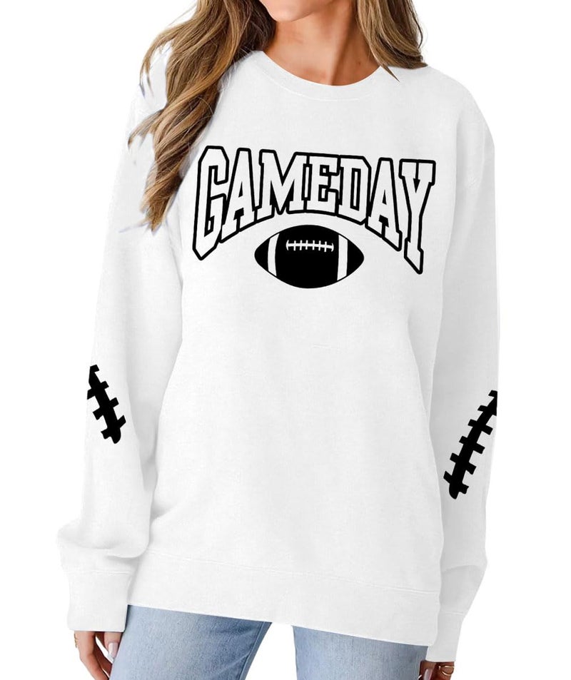 FAYALEQ Game Day Sweatshirts Women Football Sweatshirt Football Rugby Pullovers Casual Game Day Fan Pullover Top White - Image 2