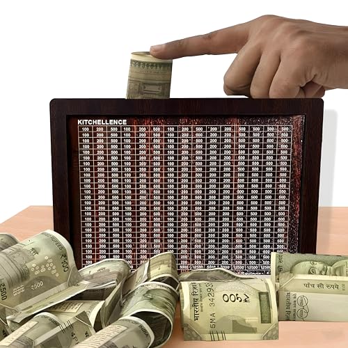 Prism Wooden Piggy Bank 100000 with Savings Chart 100000 Rupees Goal Tracker, Coin Box with Carved Design Money Collection Box for Kids and Adults Money Bank - Image 3