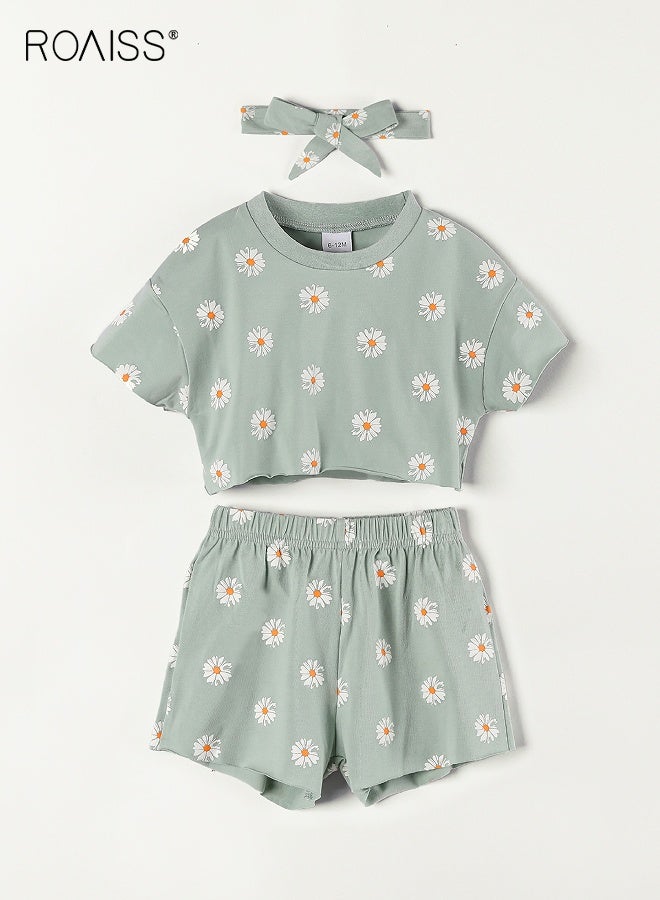 roaiss Toddler Girls Adorable T-shirt and Shorts Set, Stylish Summer Outfit with Daisy Top, Shorts and Headband, 3 Piece Comortable Clothing Set for Little Girls  - Image 2