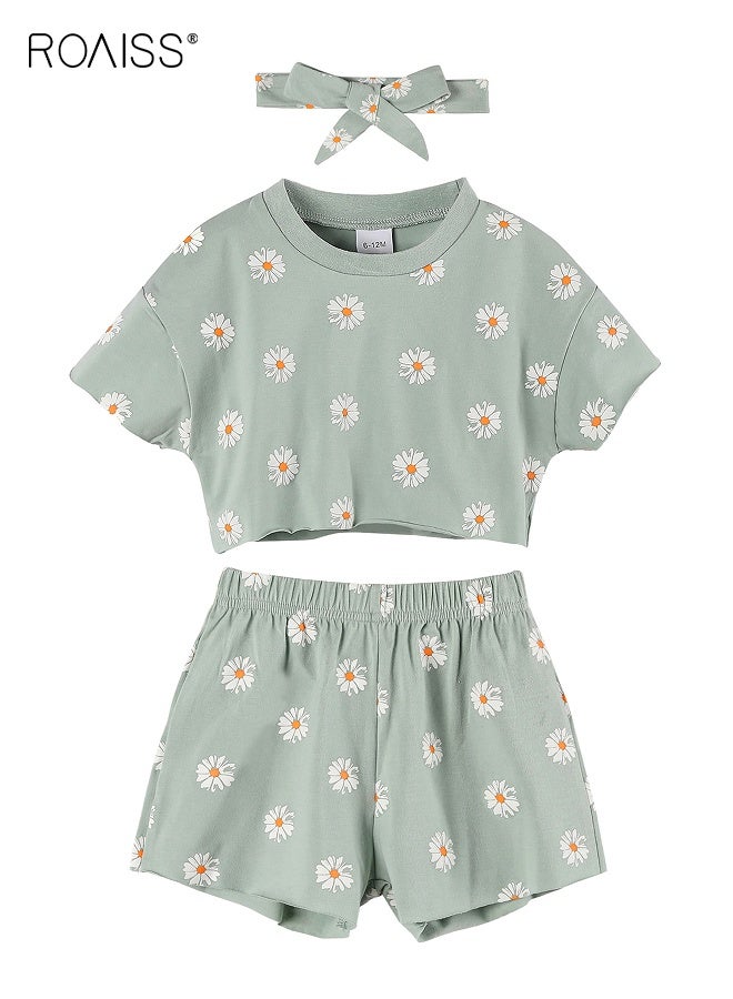 roaiss Toddler Girls Adorable T-shirt and Shorts Set, Stylish Summer Outfit with Daisy Top, Shorts and Headband, 3 Piece Comortable Clothing Set for Little Girls  - Image 1