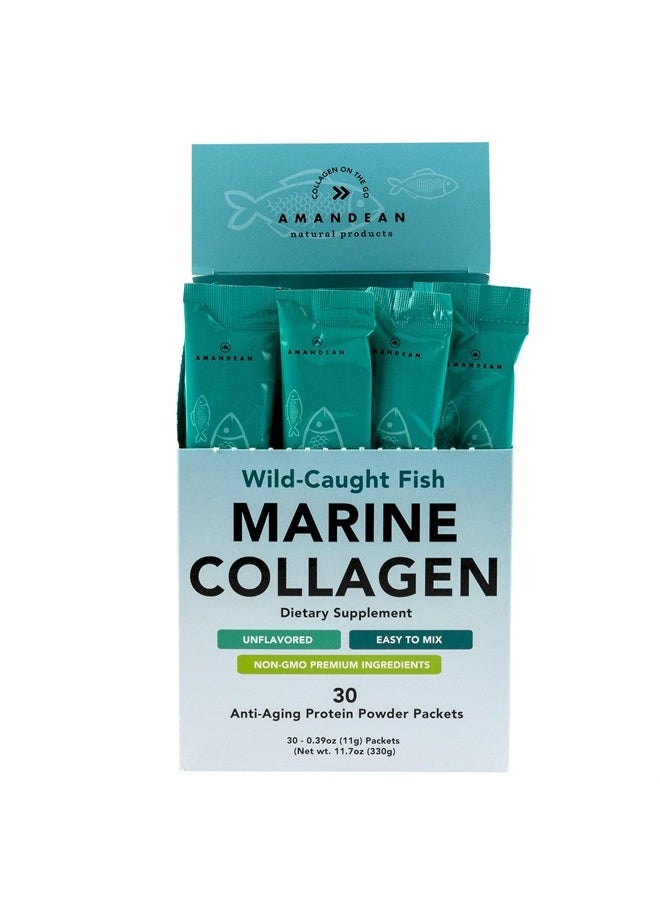 AMANDEAN Marine Collagen Peptides Stick Packs. Wild-Caught Fish. 30 Single Use Individual Convenience Packets. Healthy Hair, Skin & Nails. Non-GMO, Zero Carbs, Unflavored, High Bioavailability Mix. - Image 1