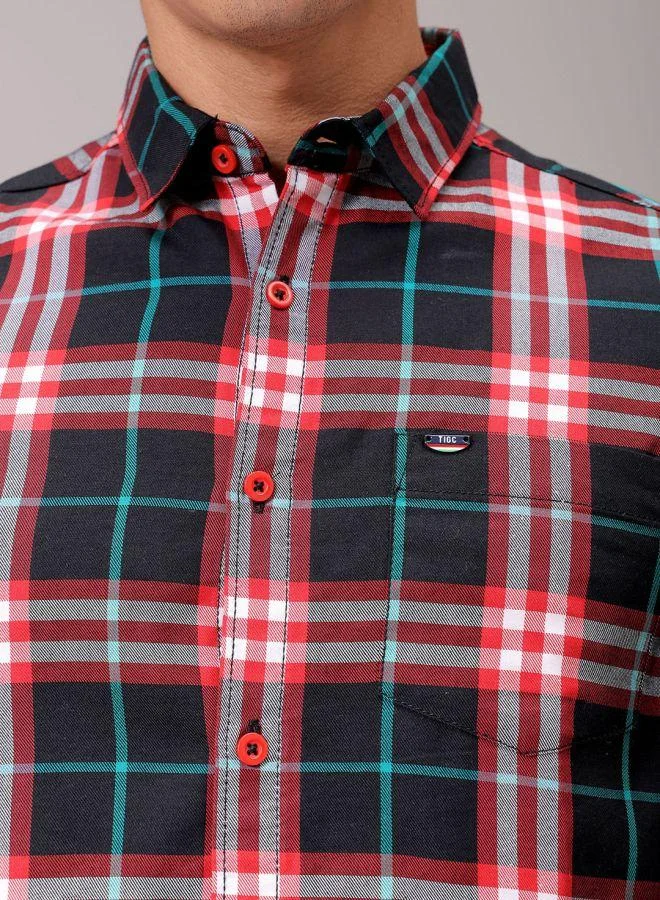 The Indian Garage Co Men Slim Fit Checkered Full Sleeves Cutaway Collar Casual Shirt