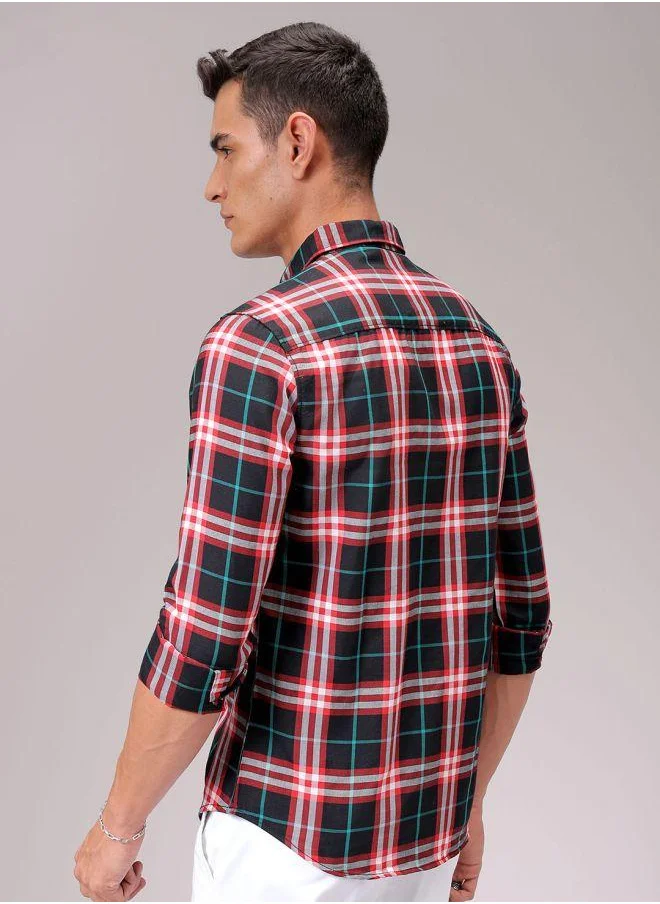 The Indian Garage Co Men Slim Fit Checkered Full Sleeves Cutaway Collar Casual Shirt