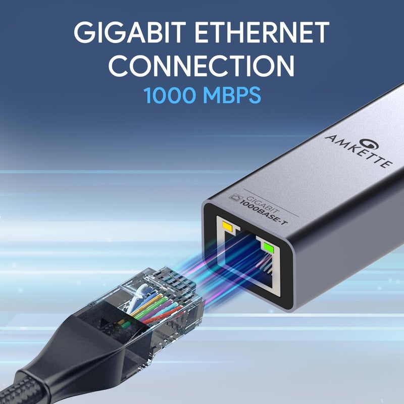 Amkette محول إيثرنت جيجابت USB 3.0 + Type-C إلى RJ45 بسرعة 10/100/1000 ميغابت في الثانية لشبكة LAN لأجهزة اللابتوب، الكمبيوتر المكتبي، وحدة التحكم في الألعاب، Chromebook و Macbook، توصيل وتشغيل، هيكل معدني بالكامل - Image 2