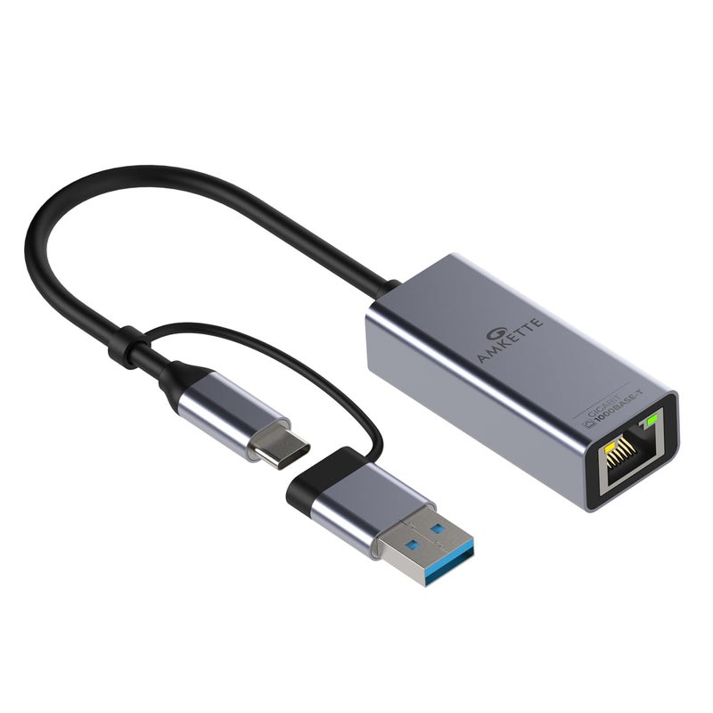 Amkette محول إيثرنت جيجابت USB 3.0 + Type-C إلى RJ45 بسرعة 10/100/1000 ميغابت في الثانية لشبكة LAN لأجهزة اللابتوب، الكمبيوتر المكتبي، وحدة التحكم في الألعاب، Chromebook و Macbook، توصيل وتشغيل، هيكل معدني بالكامل - Image 1