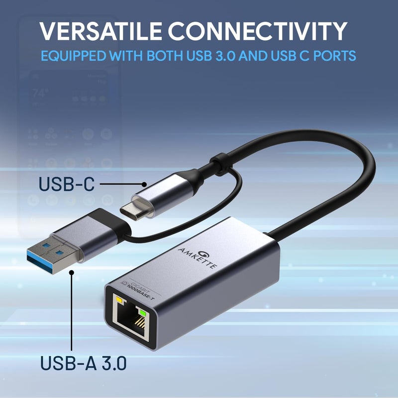 Amkette محول إيثرنت جيجابت USB 3.0 + Type-C إلى RJ45 بسرعة 10/100/1000 ميغابت في الثانية لشبكة LAN لأجهزة اللابتوب، الكمبيوتر المكتبي، وحدة التحكم في الألعاب، Chromebook و Macbook، توصيل وتشغيل، هيكل معدني بالكامل - Image 5