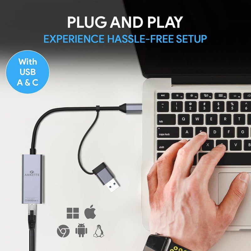 Amkette محول إيثرنت جيجابت USB 3.0 + Type-C إلى RJ45 بسرعة 10/100/1000 ميغابت في الثانية لشبكة LAN لأجهزة اللابتوب، الكمبيوتر المكتبي، وحدة التحكم في الألعاب، Chromebook و Macbook، توصيل وتشغيل، هيكل معدني بالكامل - Image 4