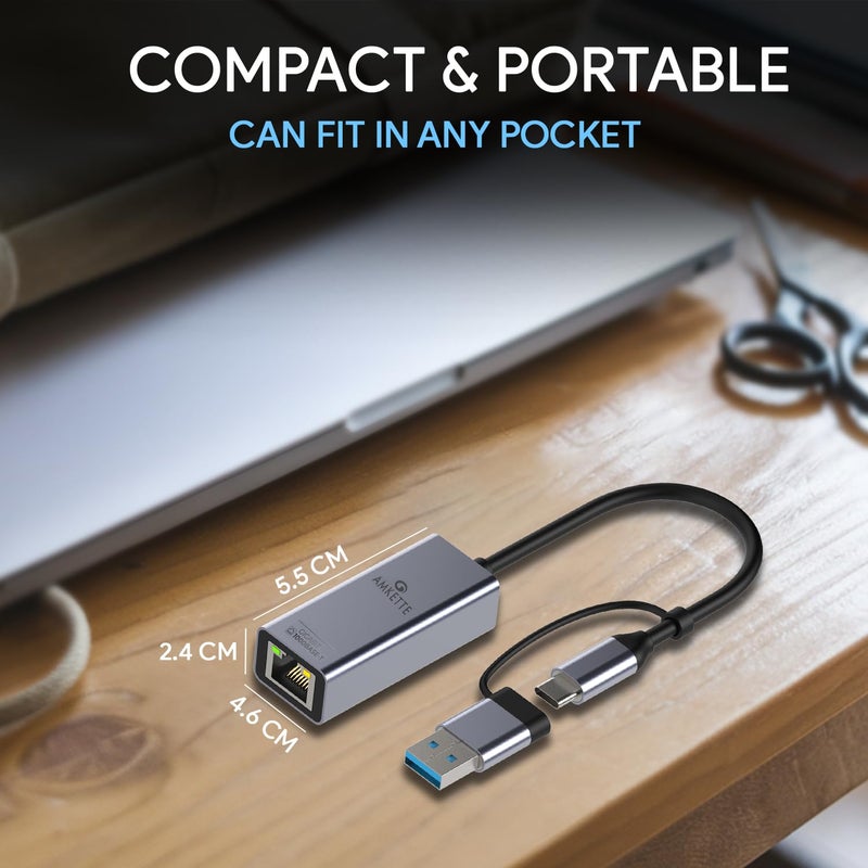 Amkette محول إيثرنت جيجابت USB 3.0 + Type-C إلى RJ45 بسرعة 10/100/1000 ميغابت في الثانية لشبكة LAN لأجهزة اللابتوب، الكمبيوتر المكتبي، وحدة التحكم في الألعاب، Chromebook و Macbook، توصيل وتشغيل، هيكل معدني بالكامل - Image 3