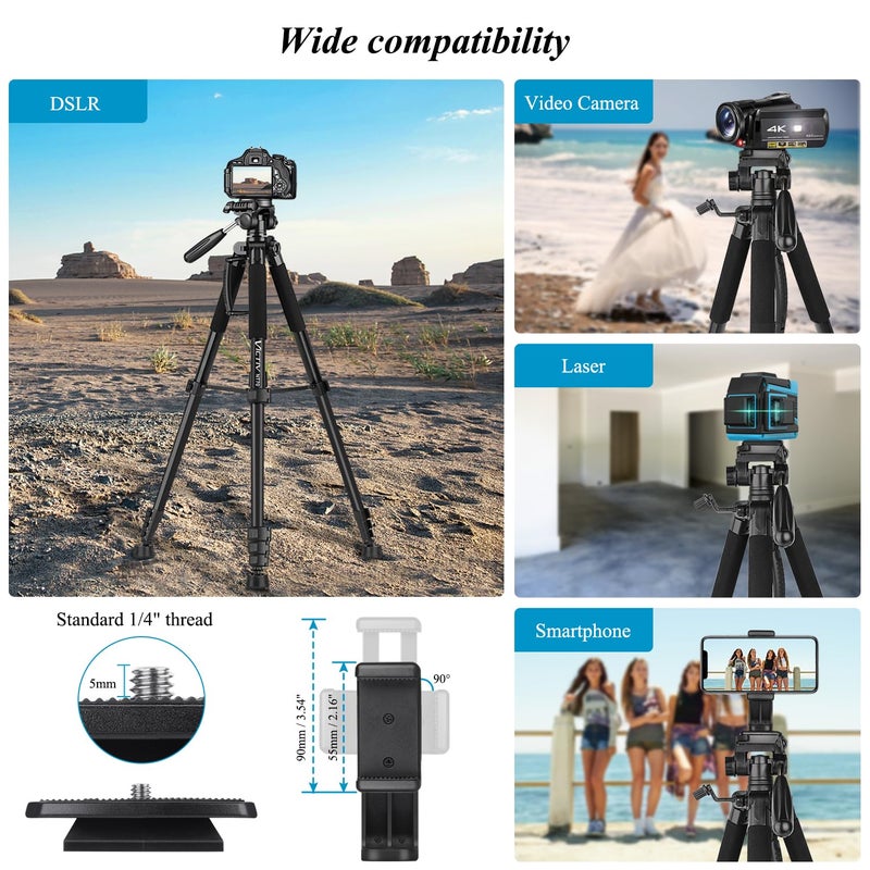 Victiv Camera Tripod 63-73" for Canon Nikon, Lightweight DSLR Camera Stand with Detachable 3-way Swivel Pan Head Max Load 14lb/6.35kg, Aluminum Tripod with Holder and Carry Bag - Image 2