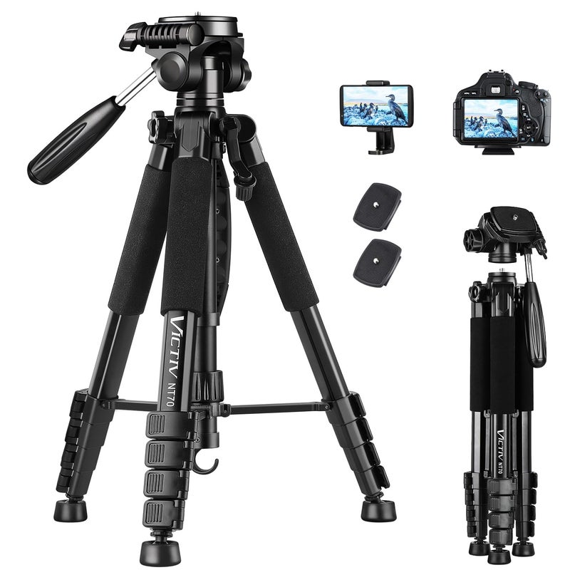 Victiv Camera Tripod 63-73" for Canon Nikon, Lightweight DSLR Camera Stand with Detachable 3-way Swivel Pan Head Max Load 14lb/6.35kg, Aluminum Tripod with Holder and Carry Bag - Image 1