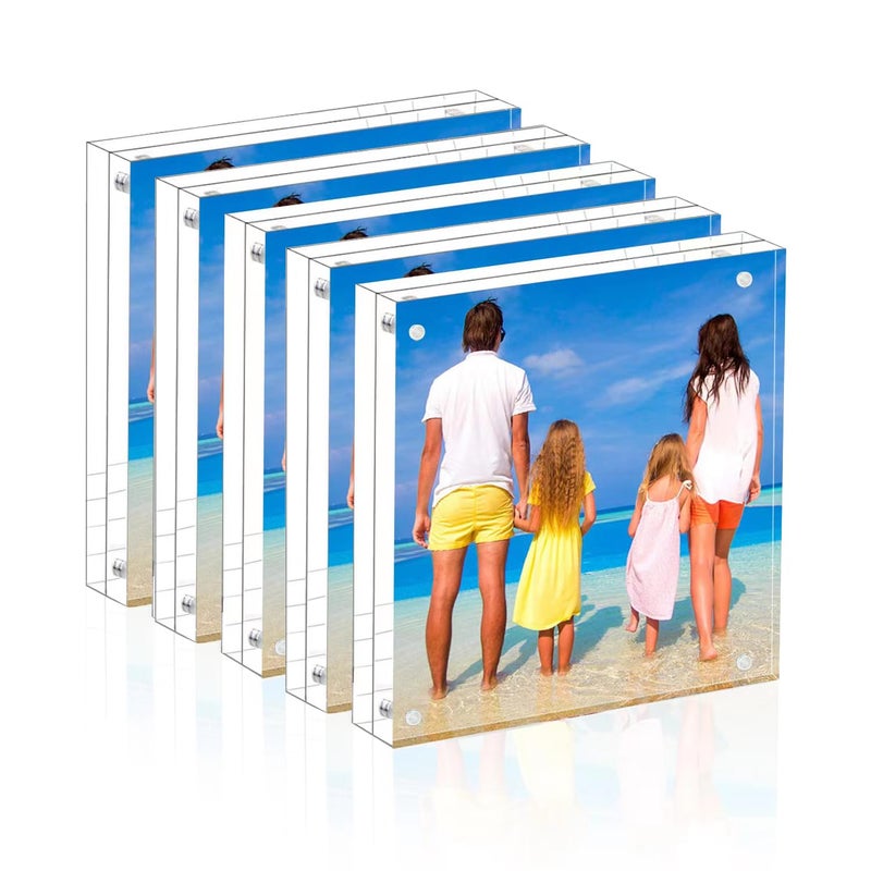 Meetu Acrylic 5x5 Picture Frame 5 Pack Clear Two Sided Desk Photo Frame Magnetic Frame Inner Size 4x4 with Gift Pack for Display Family Pictures Baby Photos Friends Pictures Pet Dog Picture