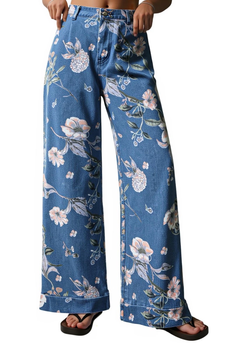 Cicy Bell Women's Floral Baggy Wide Leg Jeans Casual High Waisted Boyfriend Vintage Boho Denim Pants with Pockets Blue - Image 1