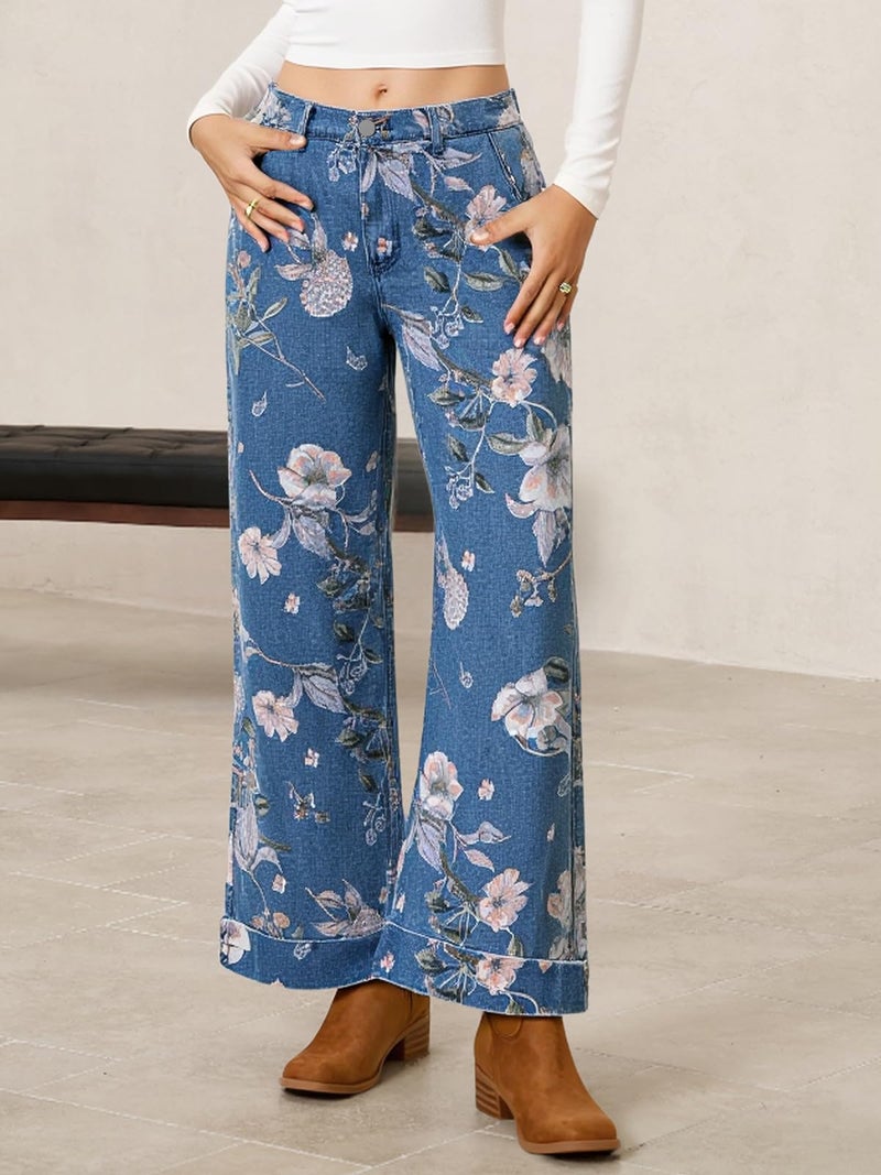 Cicy Bell Women's Floral Baggy Wide Leg Jeans Casual High Waisted Boyfriend Vintage Boho Denim Pants with Pockets Blue - Image 2