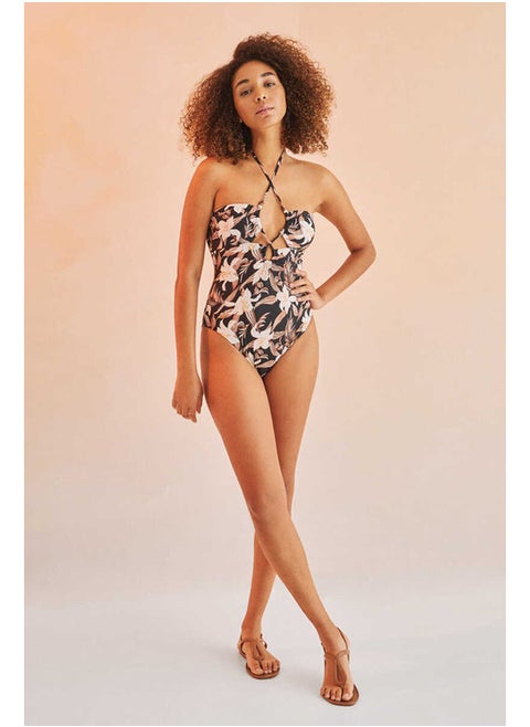 Printed swimsuit with tie neck