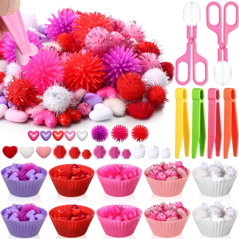 Silipull 752 Pcs Valentine Fine Motor Skills Sensory Bin Filler Includes 100 Heart Acrylic Gems 618 Pom Pom 18 Hedge Balls 4 Tweezers 2 Scissors Clips 10 Sorting Bowls for Boys Girls Sorting Counting - Image 3