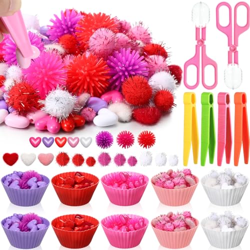Silipull 752 Pcs Valentine Fine Motor Skills Sensory Bin Filler Includes 100 Heart Acrylic Gems 618 Pom Pom 18 Hedge Balls 4 Tweezers 2 Scissors Clips 10 Sorting Bowls for Boys Girls Sorting Counting - Image 1