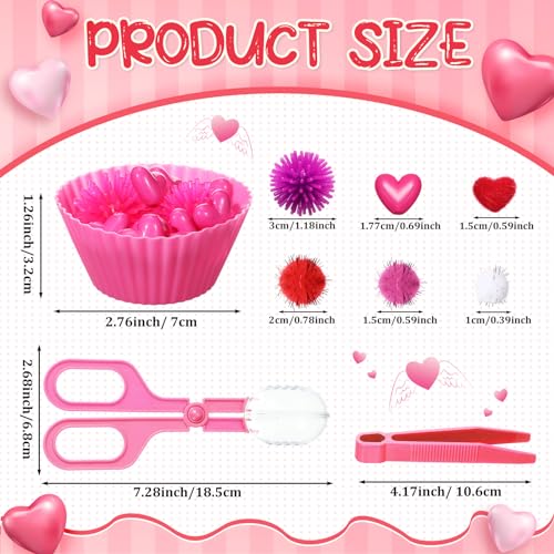 Silipull 752 Pcs Valentine Fine Motor Skills Sensory Bin Filler Includes 100 Heart Acrylic Gems 618 Pom Pom 18 Hedge Balls 4 Tweezers 2 Scissors Clips 10 Sorting Bowls for Boys Girls Sorting Counting - Image 5