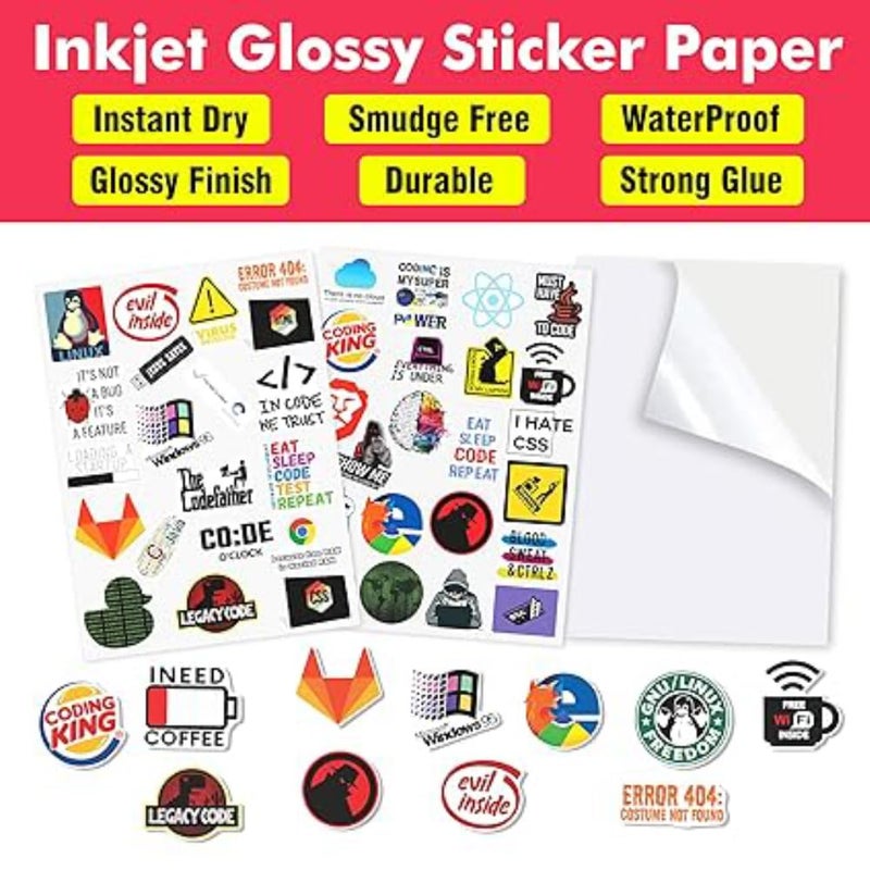 RPLUS STORES Glossy Sticker Paper A4 Size Self Adhesive Photo Paper 120 GSM Compatible for Inkjet Printer Instant Drying Sticker Printing Label for Art DIY Label Printing Multipurpose Uses (10) - Image 5