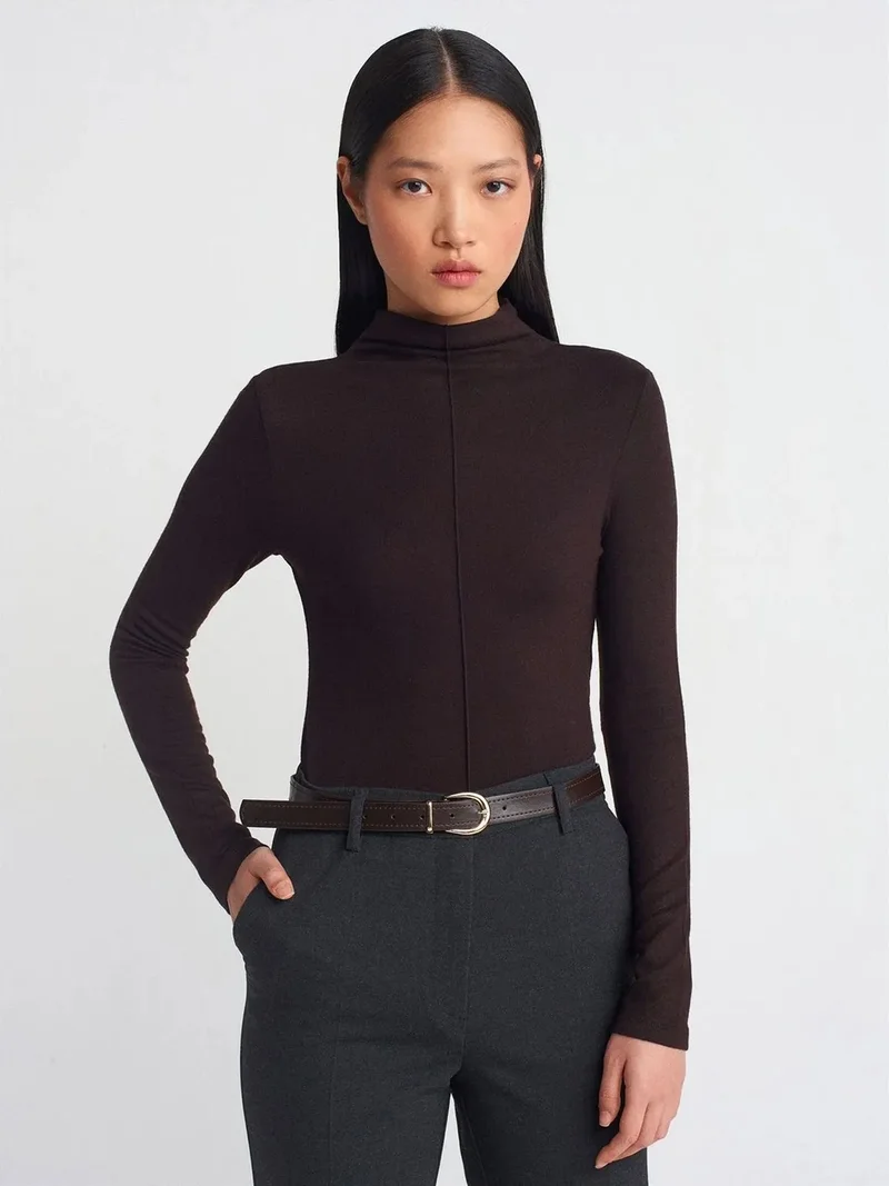 Dilvin DILVIN Ribbed Turtleneck Long-Sleeve Blouse