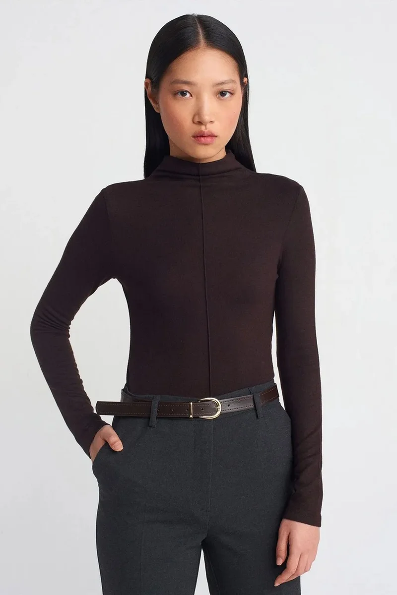 DILVIN Ribbed Turtleneck Long-Sleeve Blouse