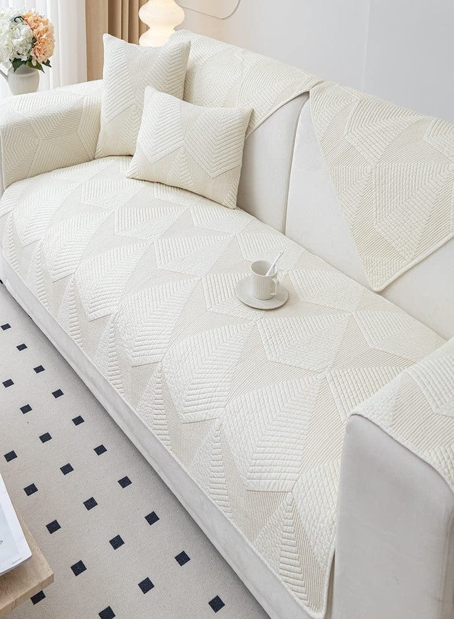 vctops Farmhouse Solid Color Embroidery Sofa Couch Cover Cotton Quilted Sectional Couch Covers Washable Non Slip Sofa Slipcover for Dogs, Children, Pets Furniture Protector (Cream,28"x70") - Image 3