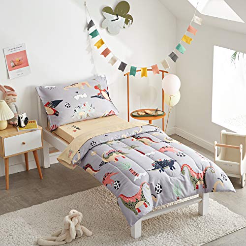 UOZZI BEDDING 4 Piece Gray Dinosaurs Toddler Bedding Set with Colorful Dinos Boys Bed Comforter Sheet Set - Image 2