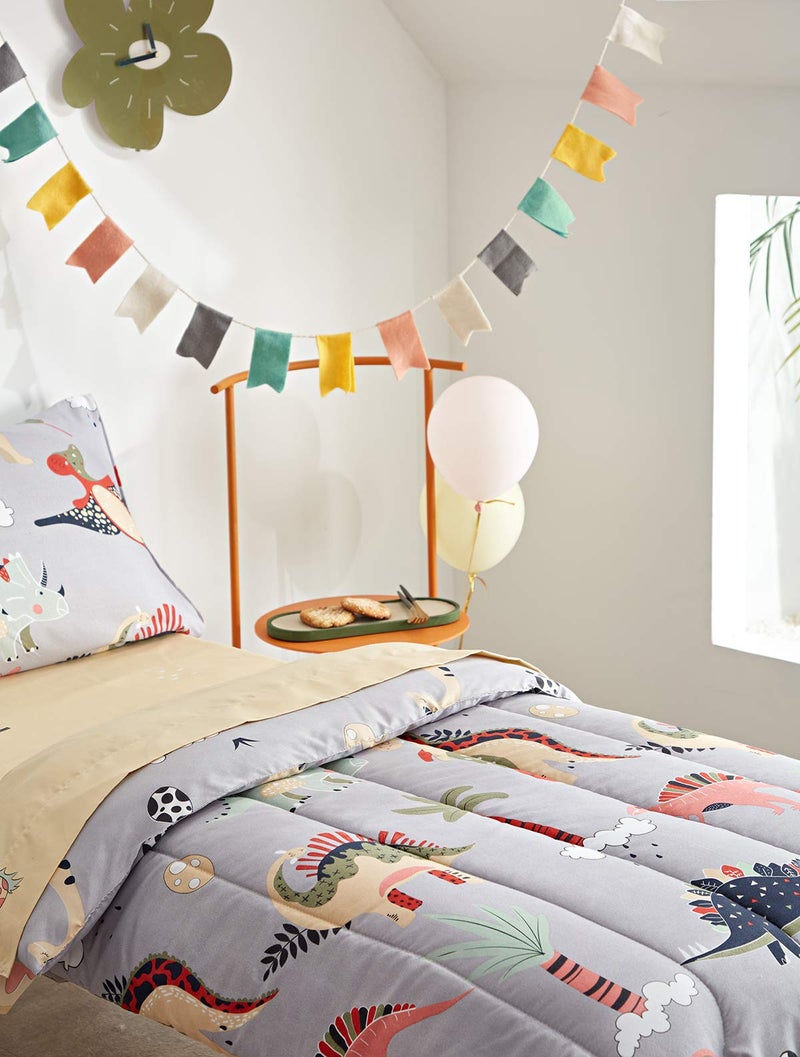 UOZZI BEDDING 4 Piece Gray Dinosaurs Toddler Bedding Set with Colorful Dinos Boys Bed Comforter Sheet Set - Image 3