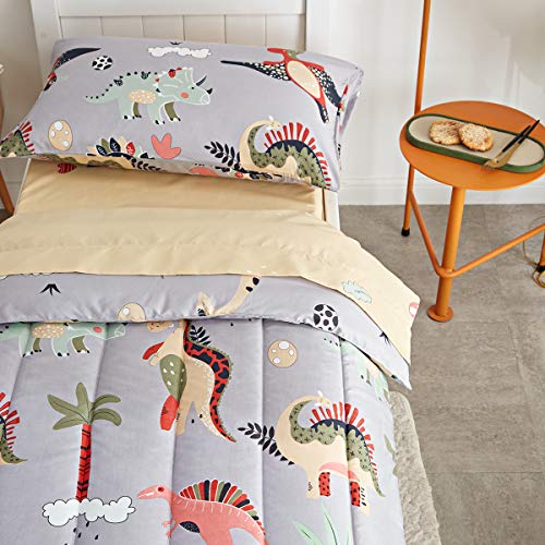 UOZZI BEDDING 4 Piece Gray Dinosaurs Toddler Bedding Set with Colorful Dinos Boys Bed Comforter Sheet Set - Image 4